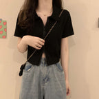 Damen Cropped Poloshirt mit Reißverschluss und strukturierter Textur