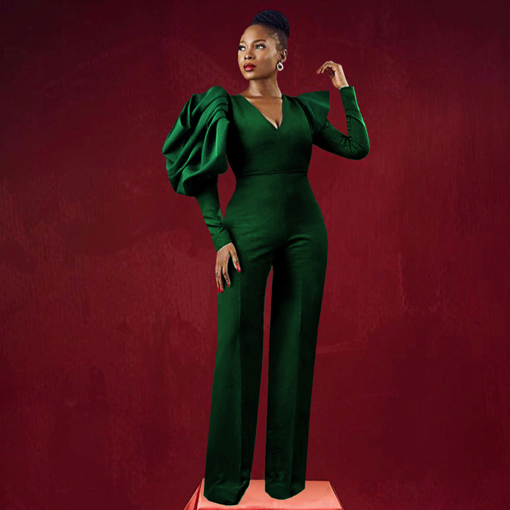 Damen Eleganter Jumpsuit mit dramatischen Puffärmeln und figurbetontem Schnitt R&B