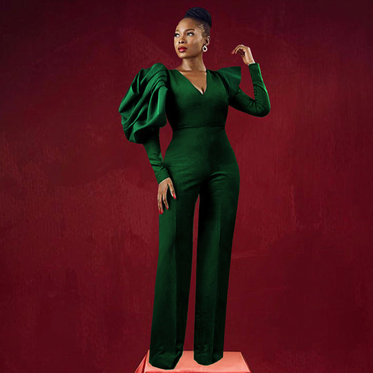 Damen Eleganter Jumpsuit mit dramatischen Puffärmeln und figurbetontem Schnitt R&B