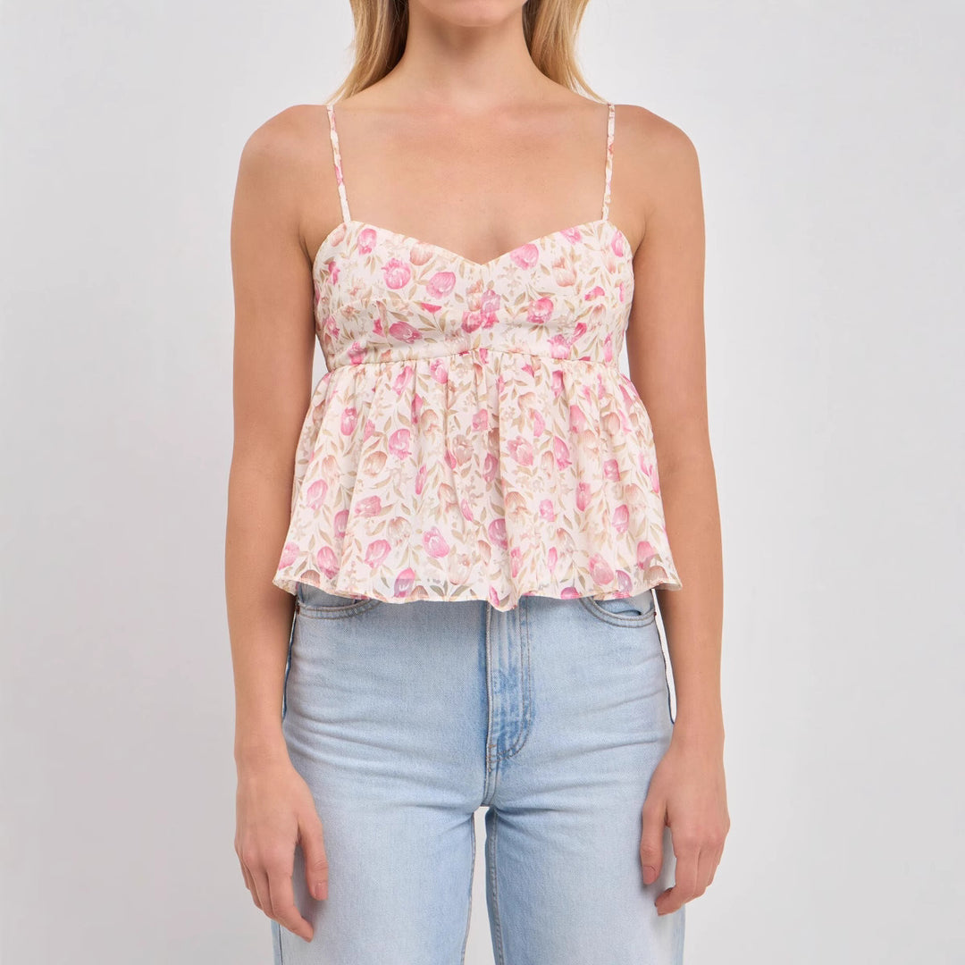 Damen Peplum-Oberteil mit floralem Muster und zarten Spaghetti-Trägern R&B