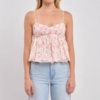 Damen Peplum-Oberteil mit floralem Muster und zarten Spaghetti-Trägern R&B