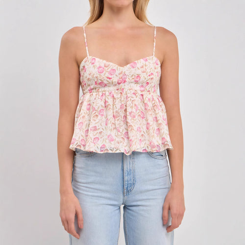 Damen Peplum-Oberteil mit floralem Muster und zarten Spaghetti-Trägern R&B