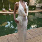 Damen elegantes Chiffon-Maxikleid mit tiefem Rückenausschnitt und raffiniertem Wickeldesign R&B