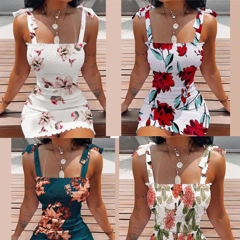 Damen Kurzkleid mit Blumenmuster und Spitzenträgern R&B