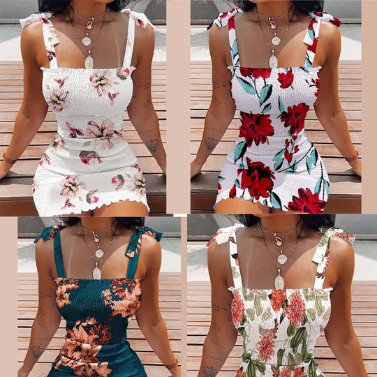 Damen Kurzkleid mit Blumenmuster und Spitzenträgern R&B