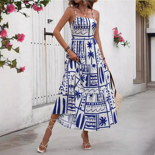 Damen Maxikleid mit angesagtem Grafikdruck und verstellbaren Spaghettiträgern R&B