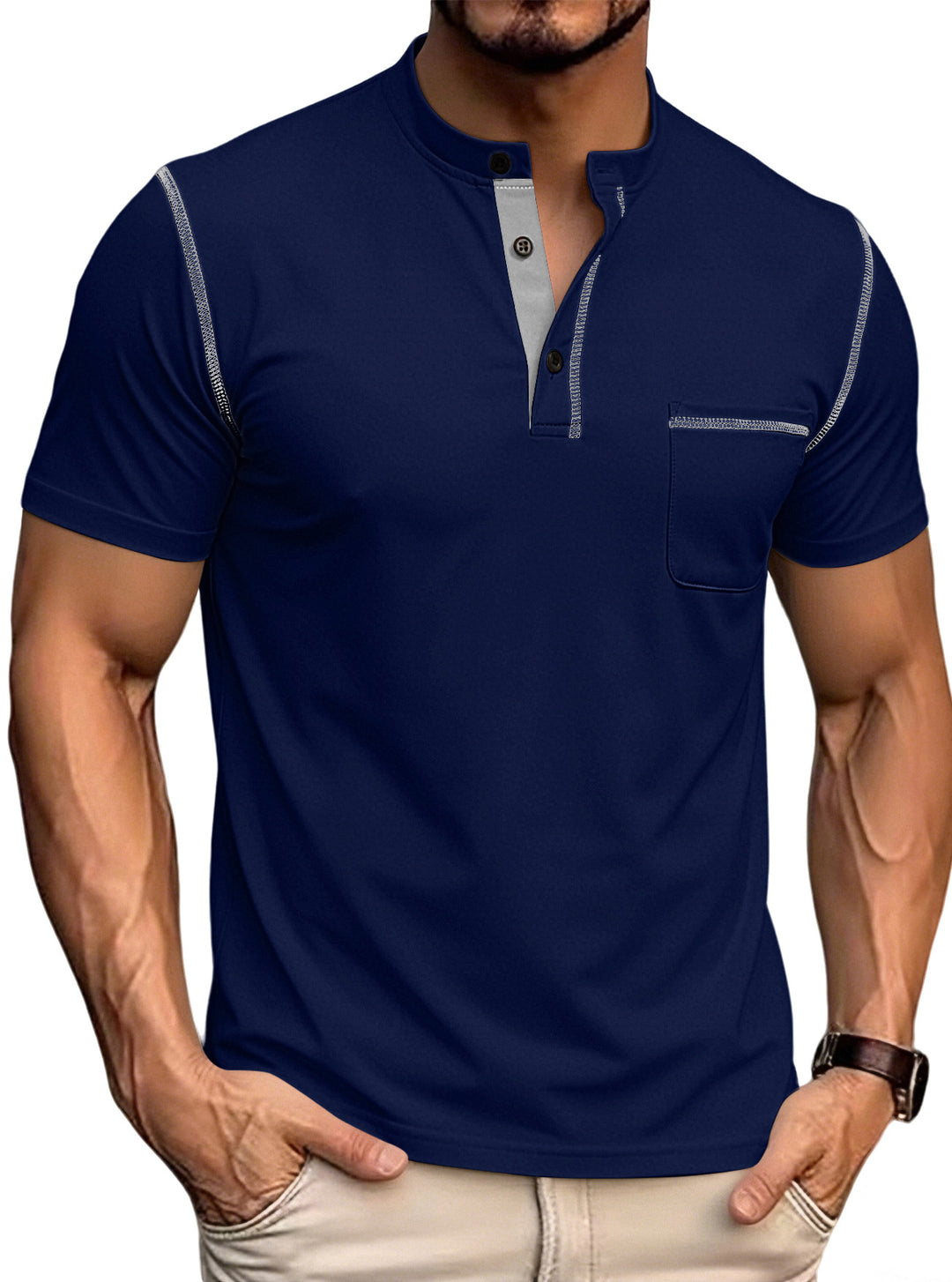 Herren nan kurzärmeliges Henley-Shirt mit Stehkragen, Brusttasche und kontrastierenden Ziernähten R&B