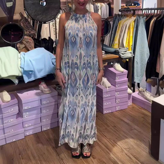 Damen nan fließendes Maxikleid mit Halterkragen, ornamentalem Ikat‑Print und weitem Fall R&B