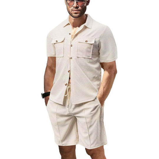 Herren nan modernes Kurzarm-Hemden-Set im Resortstil mit aufgesetzten Pattentaschen, offenem Reverskragen und Kordelzug-Bermuda aus Strukturjersey R&B