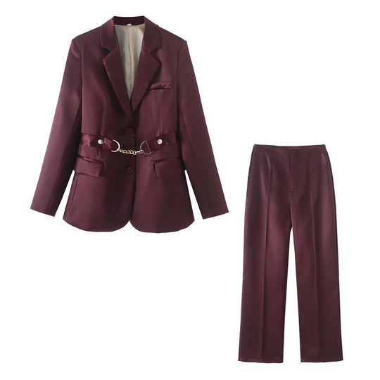 Damen elegantes Satin-Blazer-Set mit Kettenakzent R&B