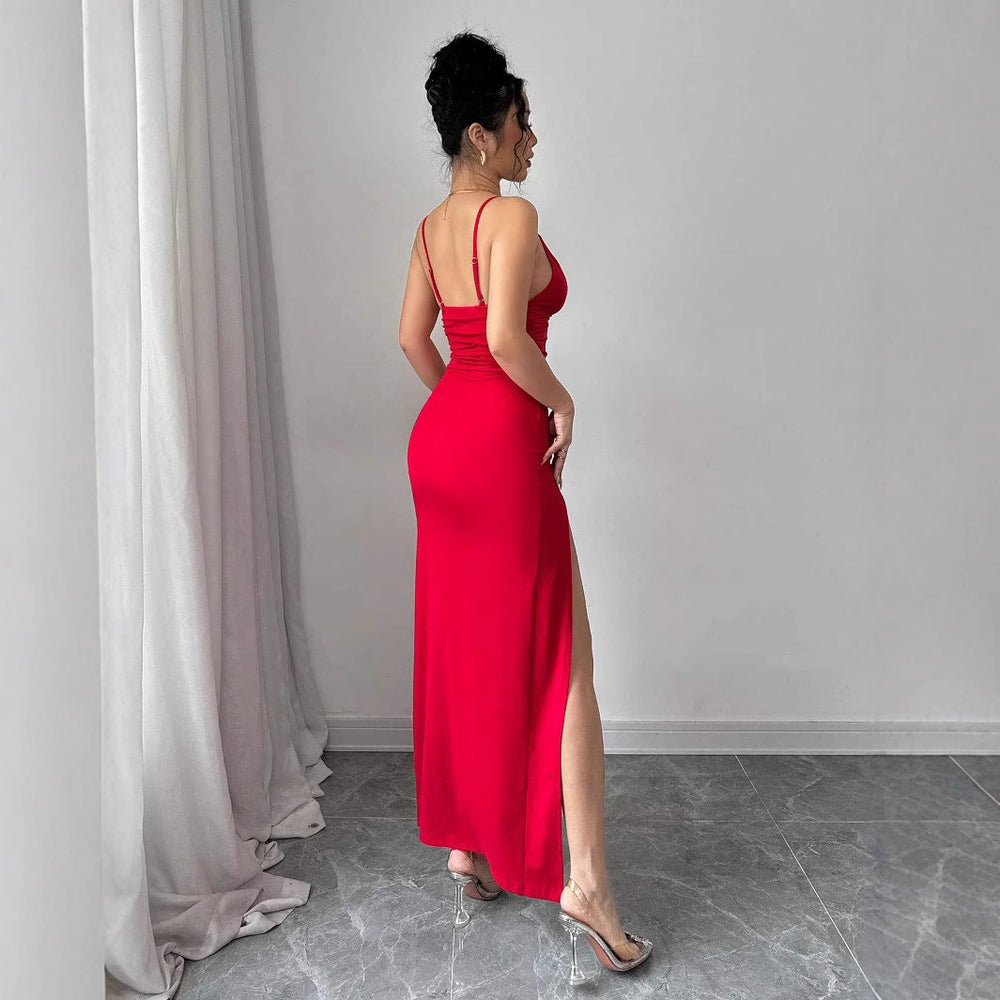 Damen Maxikleid mit seitlichem Schlitz und Spaghetti-Trägern R&B