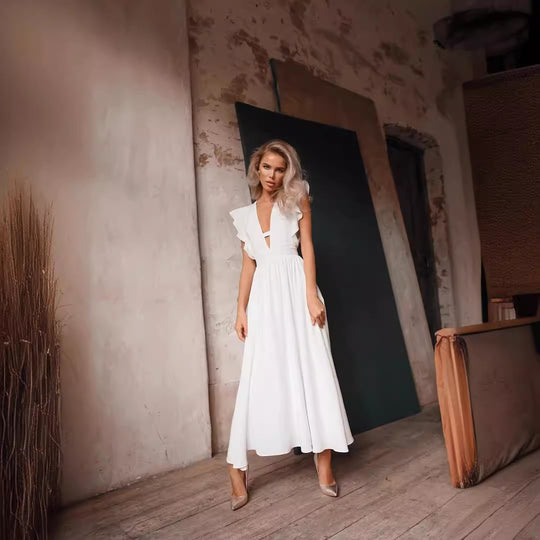 Damen Maxikleid mit raffiniertem V-Ausschnitt und voluminösen Rüschenärmeln R&B