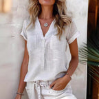 Damen Kurzarm Leinenbluse mit Knopfdetails R&B