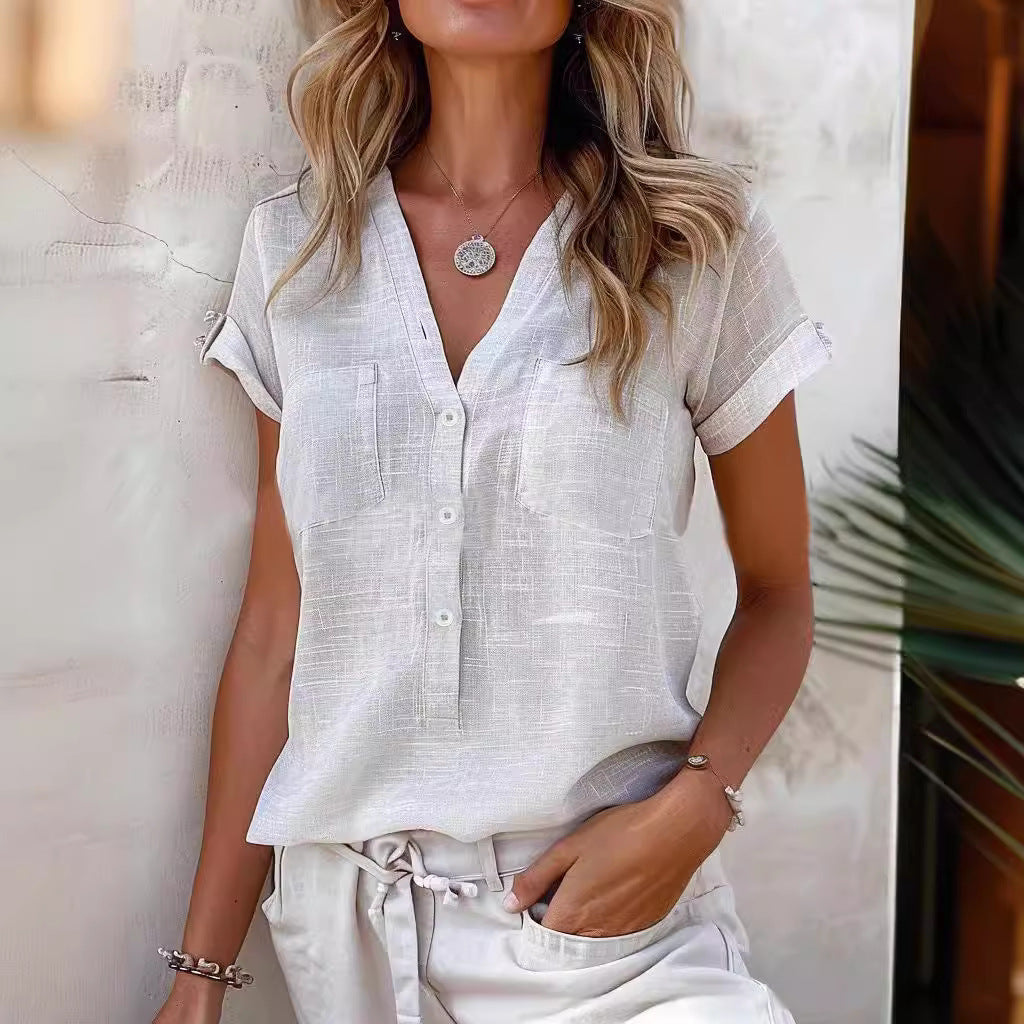 Damen Kurzarm Leinenbluse mit Knopfdetails R&B