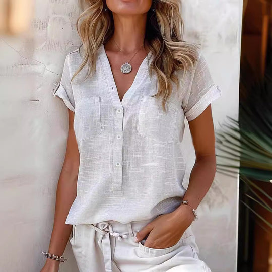 Damen Kurzarm Leinenbluse mit Knopfdetails R&B
