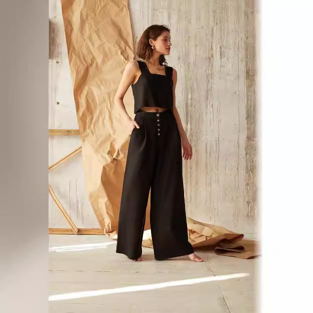 Damen lässiges Leinen-Top mit quadratischem Ausschnitt und weiten Hosen R&B