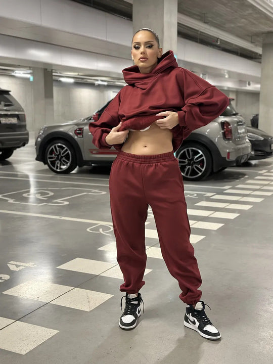 Damen gemütlicher Oversized Hoodie mit intuitivem Kordelzug und passender Jogginghose R&B