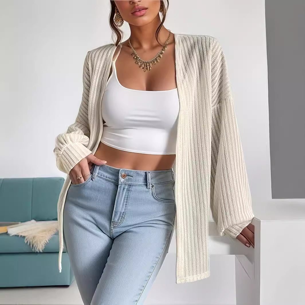 Damen Lässige Strickjacke mit weit geschnittenen Ärmeln und Rippenstruktur R&B