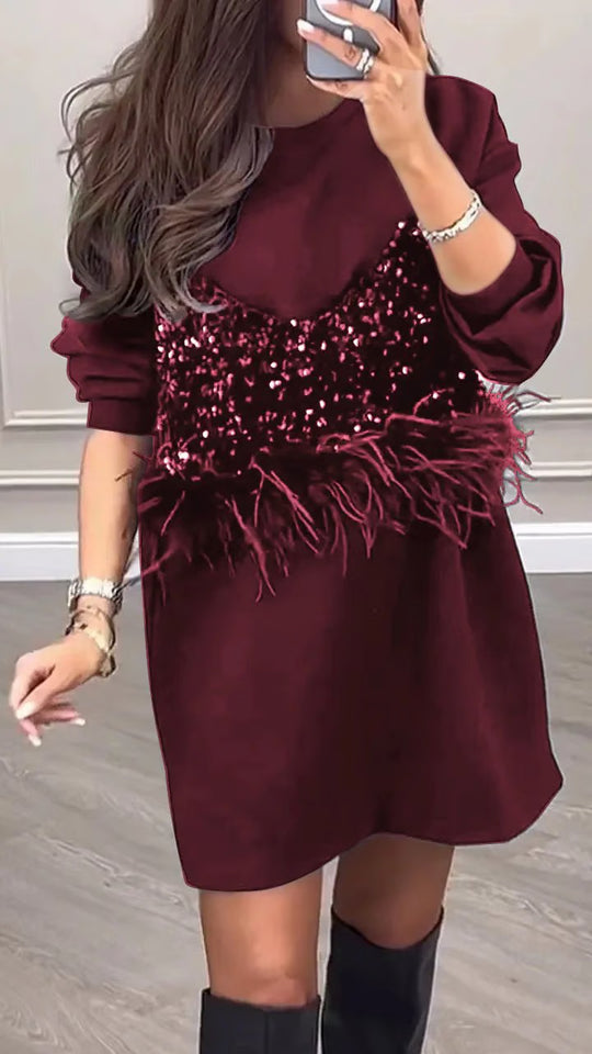 Damen nan Sweat-Minikleid mit Pailletten-Bustier und Federbesatz R&B