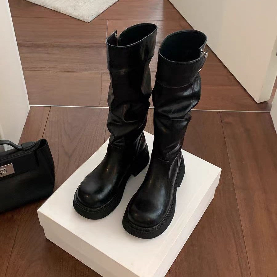 Damen Overknee-Stiefel mit elastischem Falten-Design und robustem Blockabsatz