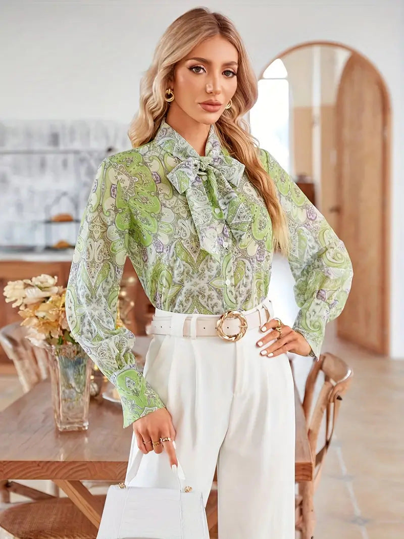 Damen Bluse mit Schleifenkragen und floralem Muster R&B