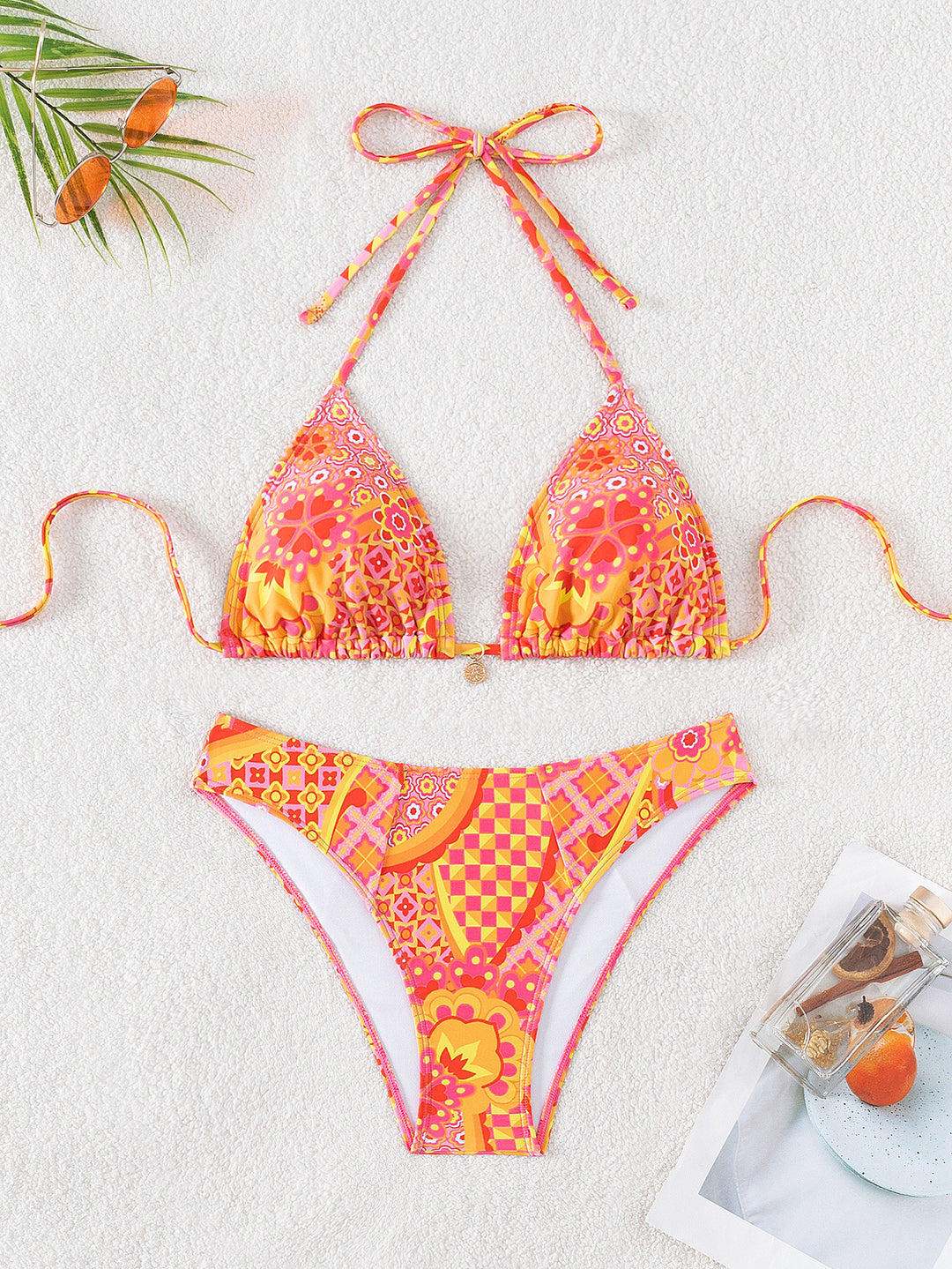 Damen Triangel-Bikini mit einzigartigem Mosaik-Muster und verstellbaren Bindebändern R&B