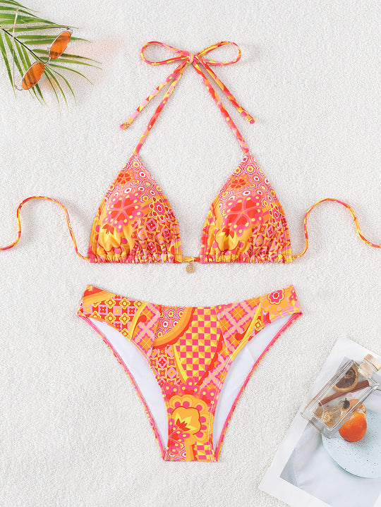 Damen Triangel-Bikini mit einzigartigem Mosaik-Muster und verstellbaren Bindebändern R&B