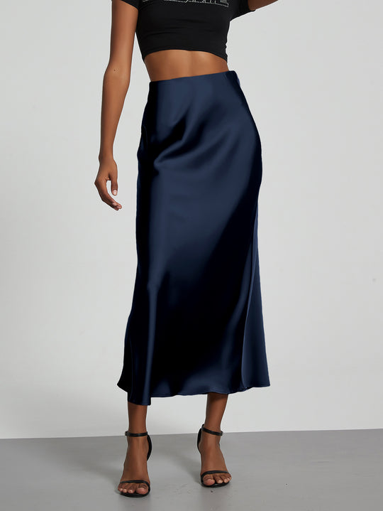 Damen Stilvolle Satin-Stretchrock mit hohem Bund und fließendem Schnitt R&B