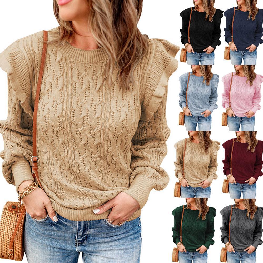 Damen Grobstrickpullover mit Rüschenärmeln und modischem Muster R&B