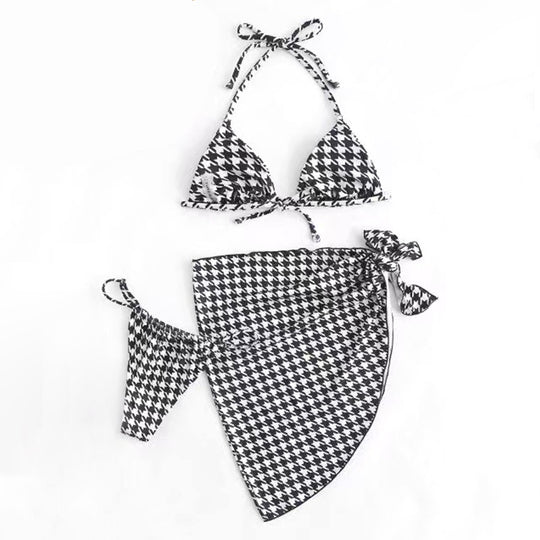 Damen Bikini-Set mit modernem Hahnentrittmuster und schickem Wickelrock R&B