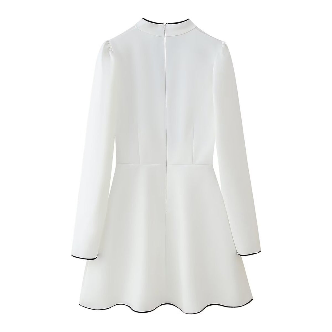 Damen elegantes Hemdkleid mit Rüschenkragen und Bindeakzent R&B