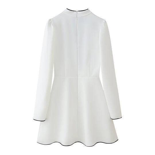 Damen elegantes Hemdkleid mit Rüschenkragen und Bindeakzent R&B