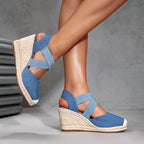 Damen Wedge-Sandalen mit elastischen Kreuzriemen und Bast-Optik R&B