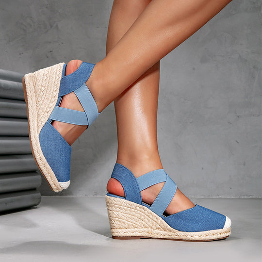 Damen Wedge-Sandalen mit elastischen Kreuzriemen und Bast-Optik R&B