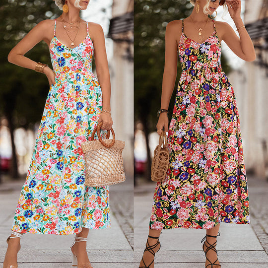 Damen Maxikleid mit floralem Design und verstellbaren Spaghetti-Trägern R&B