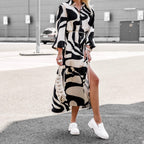Damen Hemdblusenkleid mit modischem Wellenmuster und Taillengürtel R&B
