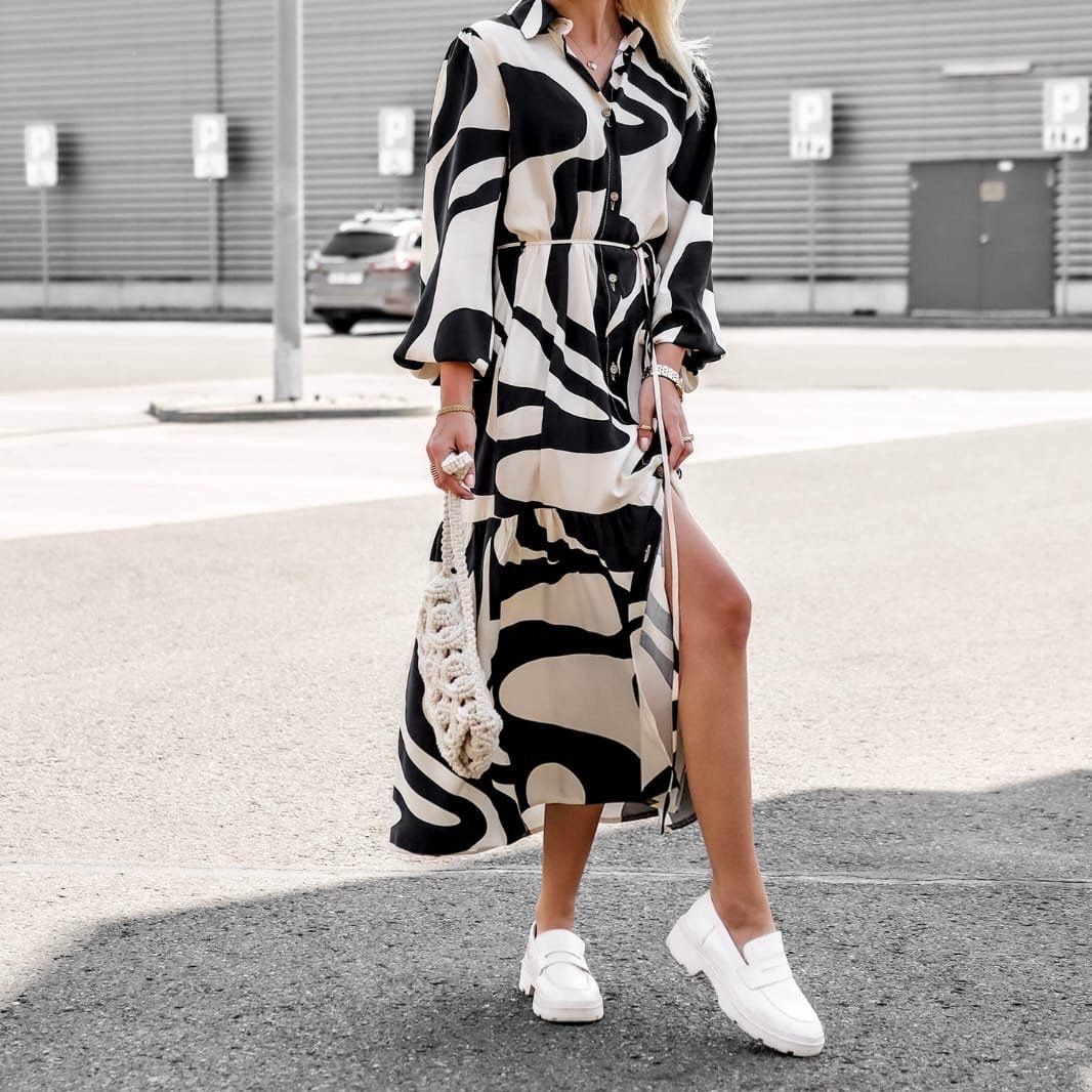 Damen Hemdblusenkleid mit modischem Wellenmuster und Taillengürtel R&B