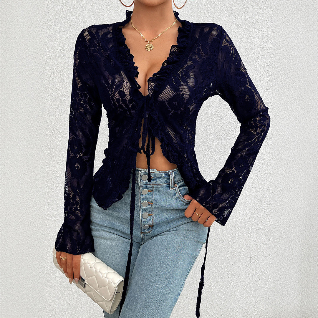 Damen Spitzenbluse mit Rüschendetails und tailliertem Schnitt R&B