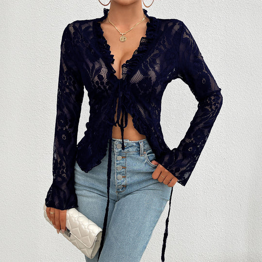 Damen Spitzenbluse mit Rüschendetails und tailliertem Schnitt R&B