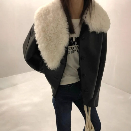 Damen luxuriöse Kunstlederjacke mit weichem Pelzkragen R&B