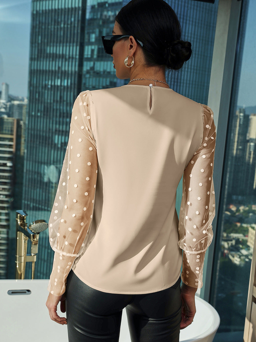 Damen Bluse mit transparenten Puffärmeln und Punkten R&B