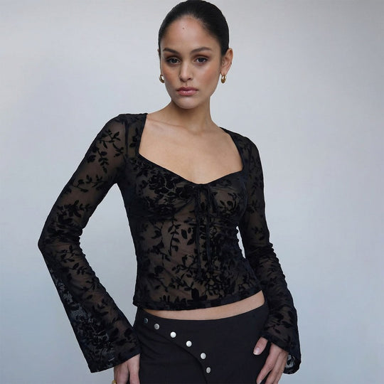 Damen Spitzenoberteil mit langen Ärmeln und Rüschendetail R&B