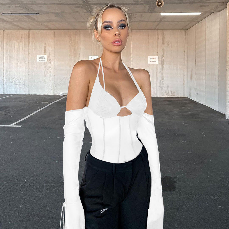 Damen Crop-Top mit transparentem Design und raffinierten Rüschenärmeln R&B