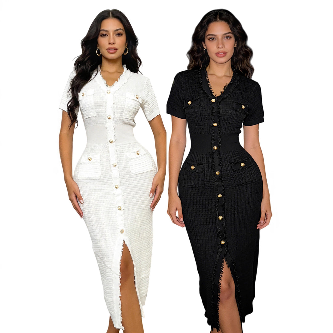 Damen elegantes Wickelkleid mit Taschen und Knopfdetails R&B