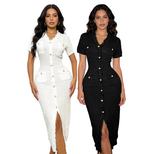 Damen elegantes Wickelkleid mit Taschen und Knopfdetails R&B