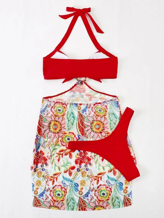 Damen Bikini-Set mit verspieltem Knotendesign und floralem Wickelrock R&B