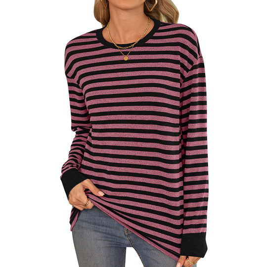 Damen bequemes Langarmshirt mit gestreiftem Design und Rundhalsausschnitt R&B