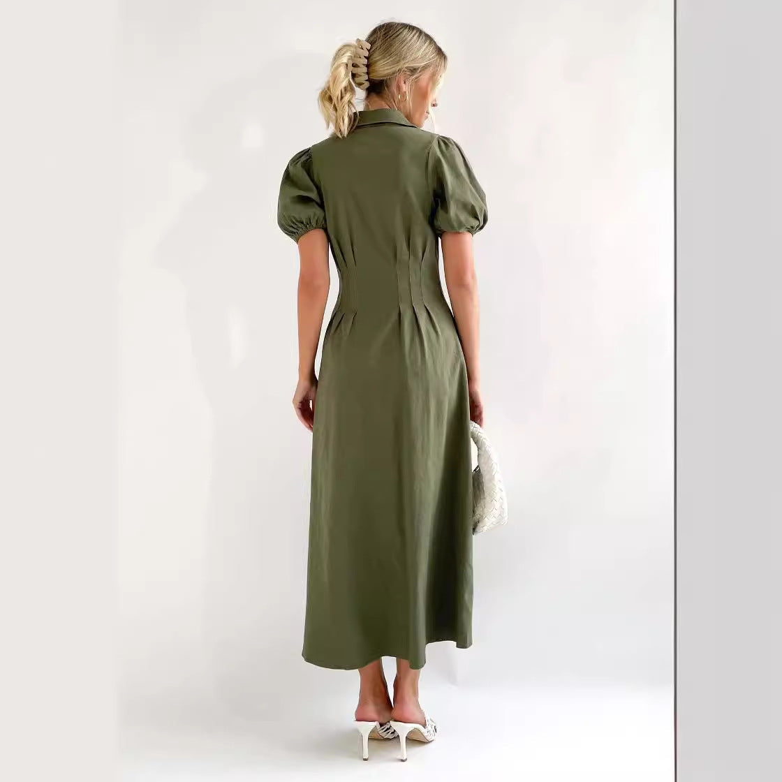 Damen Knielanges Hemdkleid mit Puffärmeln und Knopfverschluss R&B