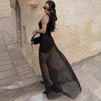 Damen Elegantes Maxi-Kleid mit transparentem Chiffon-Überwurf und figurbetontem Inneren R&B