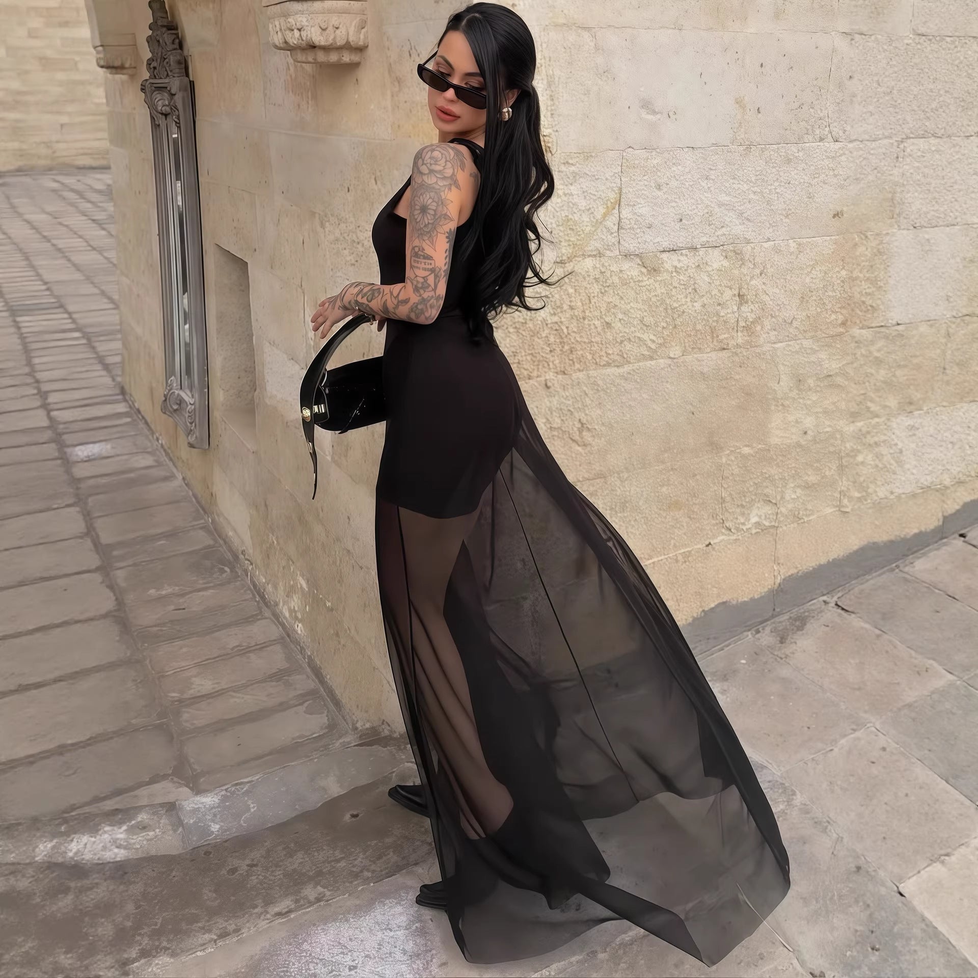 Damen Elegantes Maxi-Kleid mit transparentem Chiffon-Überwurf und figurbetontem Inneren R&B